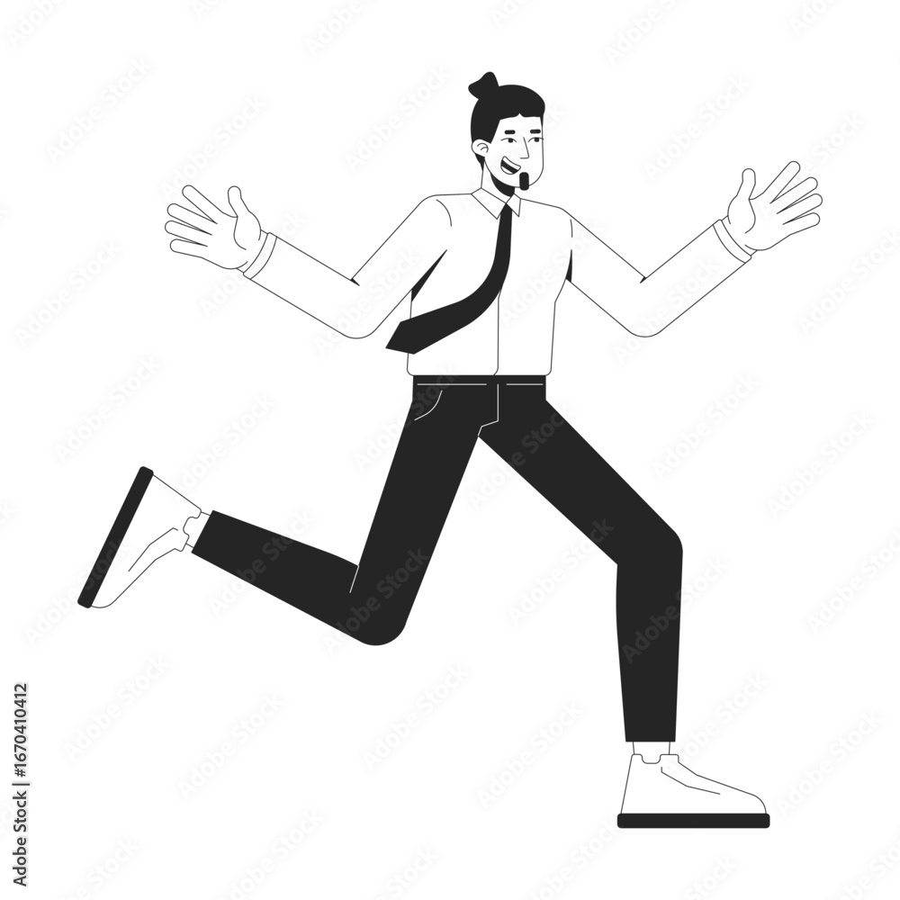 Poster smiling businessman running energetically with open arms 2d line character. office sprint. caucasian