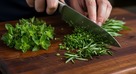 Hands chopping fresh rosemary and oregano herbs on a rustic wooden cutting board, close-up