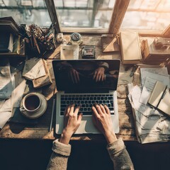 Obraz premium Overhead View Of Woman Typing On Laptop