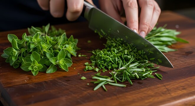 Hands chopping fresh rosemary and oregano herbs on a rustic wooden cutting board, close-up - Powered by Adobe