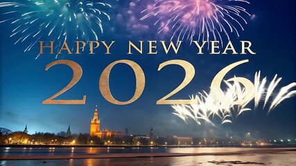 Happy new year 2026 illuminated by colorful fireworks over a city skyline at night - Powered by Adobe