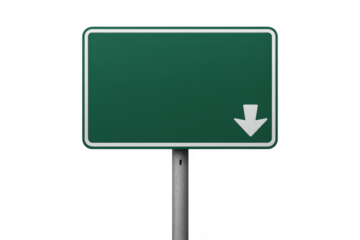 Blank Green Road Sign with White Down Arrow on Transparent Background