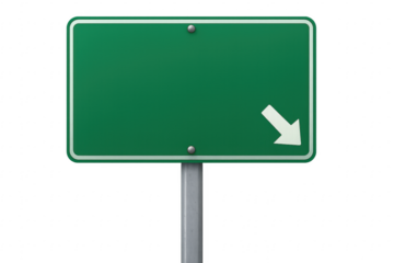 Blank green road sign with a downward pointing arrow on transparent background