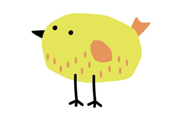 Cute cartoon yellow bird in paper applique style. Wildlife animals. Black beaded eyes, orange wings, tail and feathers. Single icon isolated on  white background. Flat design.