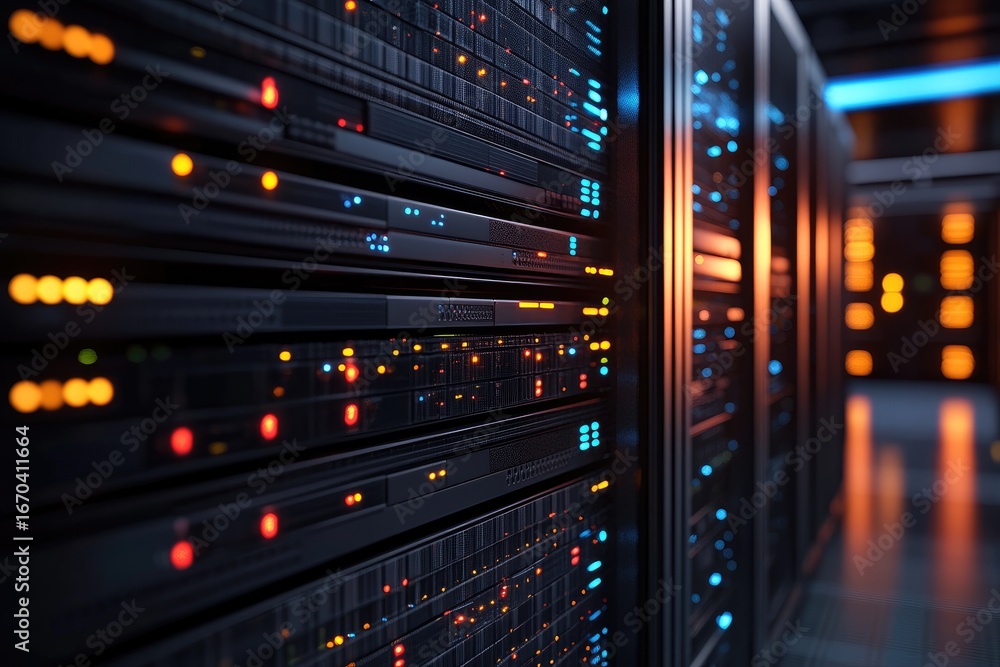 Poster close up of glowing server racks in advanced data center with orange and blue indicator lights, idea