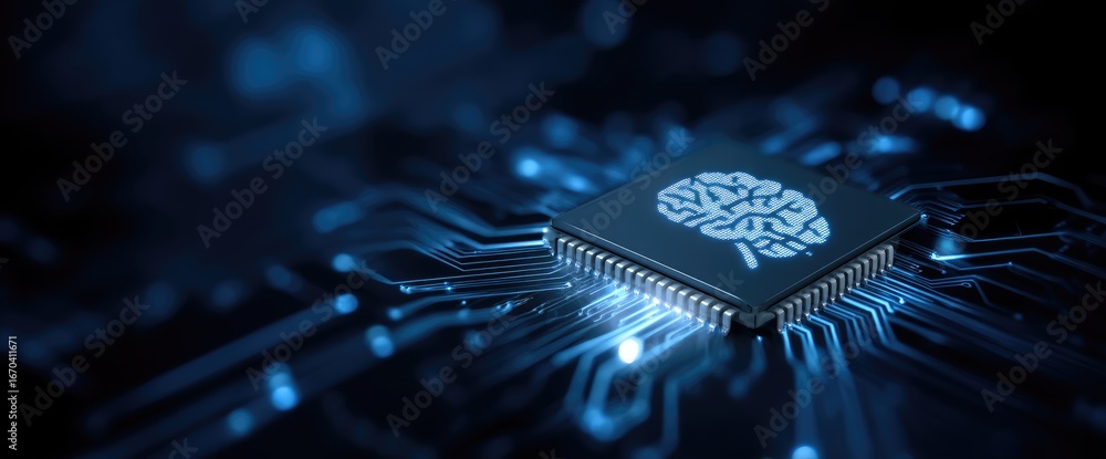 Aufkleber futuristic ai microchip with glowing brain icon on digital circuit board, ideal for artificial intel
