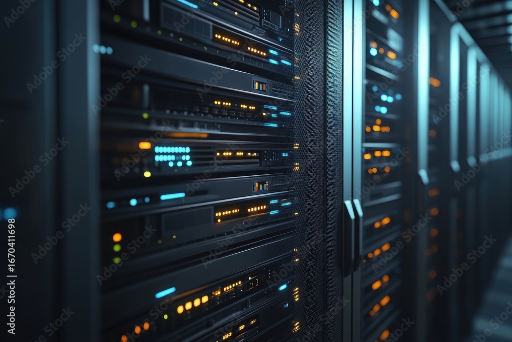 Aufkleber close up of modern server racks in secure data center with glowing indicator lights, ideal for cloud