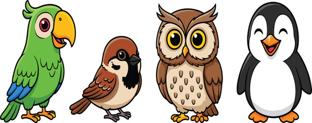 Cartoon parrot, sparrow, owl, penguin, cute bird characters, colorful animal illustration, kids education, wildlife bundle, playful vector, stock art