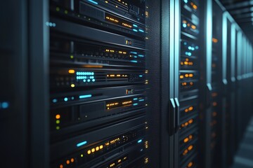 Naklejka premium Close up of modern server racks in secure data center with glowing indicator lights, ideal for cloud computing, IT infrastructure, cybersecurity, networking, storage, and enterprise technology