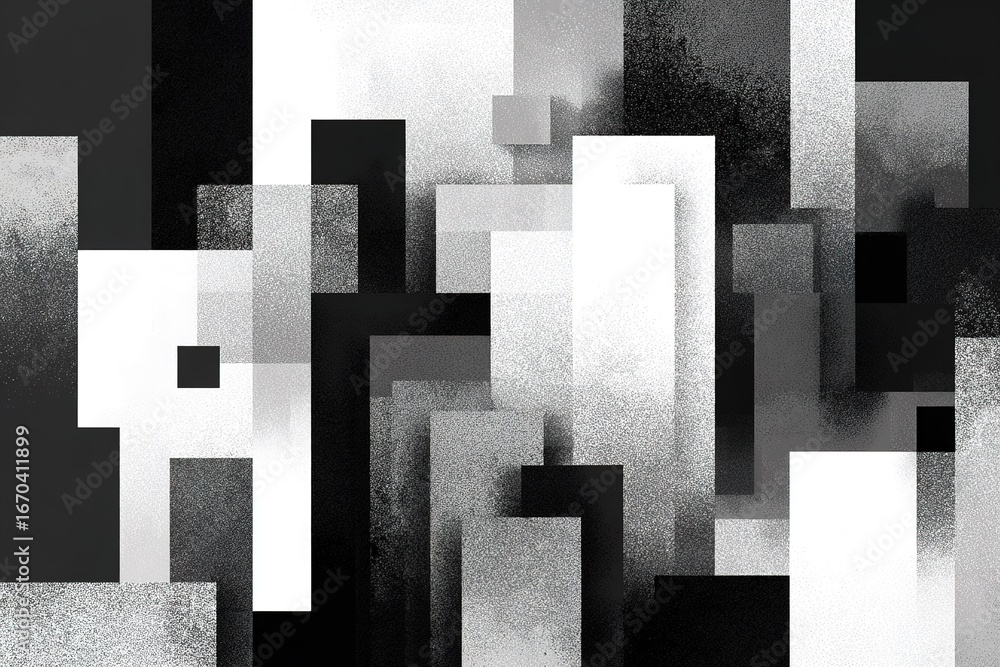 Poster abstract composition of black and white geometric shapes in varying sizes and textures creating a mo