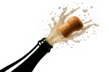 Champagne cork popping out of green bottle with transparent background