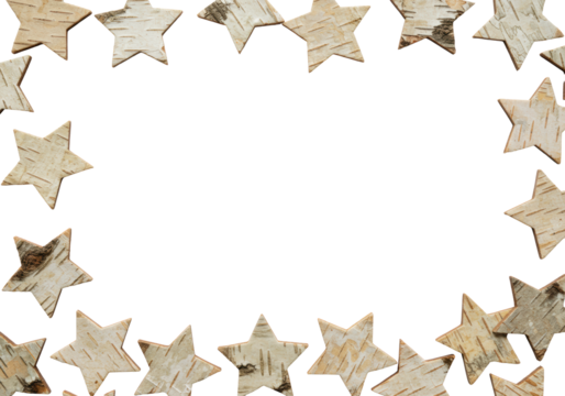 Small, natural birch bark stars with light wood textures on a transparent background, top-down flat lay, high-key lit with central copy space, concept of sustainable natural design