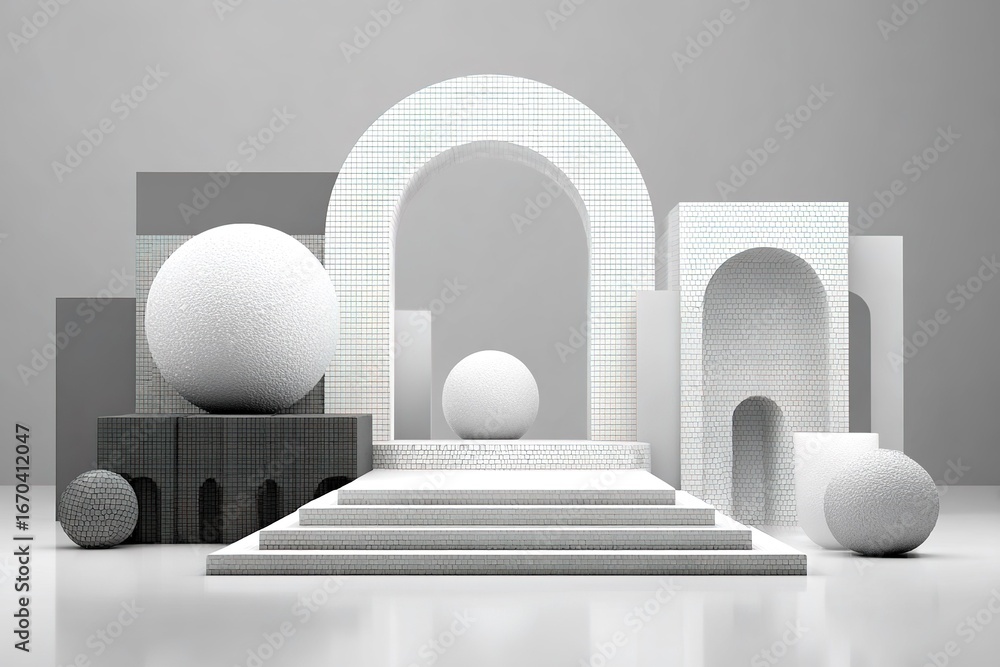 Poster sculptural arrangement featuring geometric shapes and architectural forms in a minimalist setting