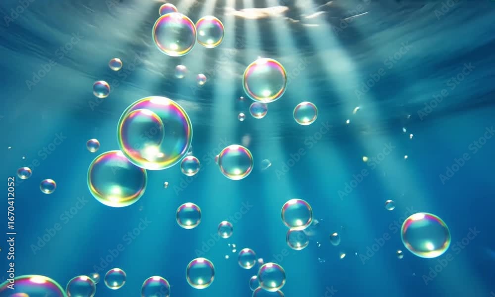 Poster a mesmerizing view of many iridescent bubbles floating upwards in a clear blue underwater scene
