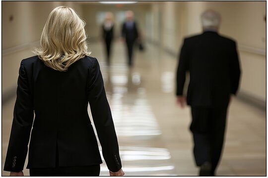 Distressed businesswoman in a sleek office faces potential conflict with blurred figure behind - Powered by Adobe