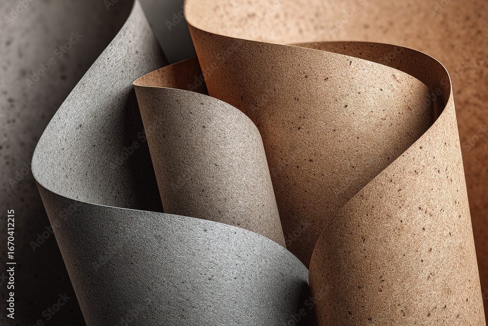 Poster curved sheets of recycled paper in tan and gray tones showcase unique textures and colors in an arti