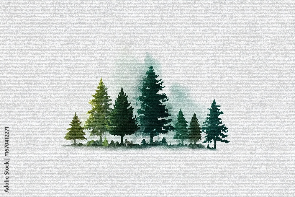 Poster Forest landscape with various green trees and mist on a light background creating a calming atmosphere