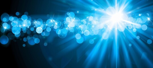 Vibrant teal and blue burst with radiating beams and brightly glowing sparkling circles