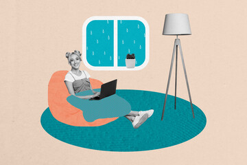 Poster trend sketch template 3D photo collage of young woman smile sit beanbag work laptop lamp...