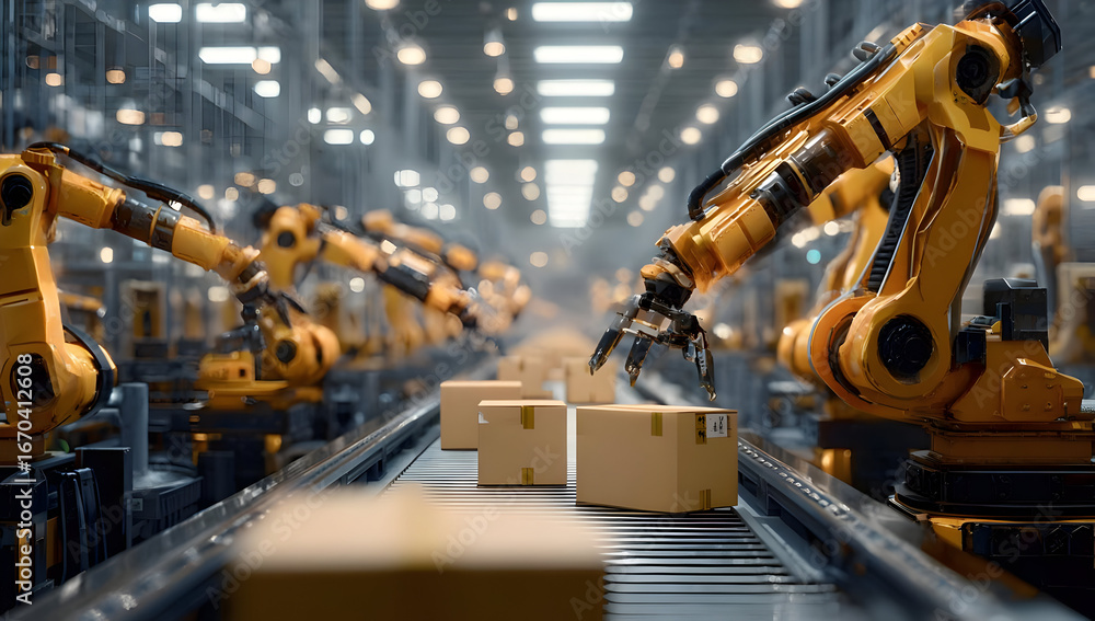 Poster advanced robotic arms efficiently sorting and packaging boxes on a conveyor belt in a high-tech auto