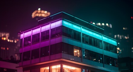 Modern office building glows with vibrant neon lights at night, perfect for tech startup branding, creative agency visuals, or innovative corporate designs creating a futuristic vibe