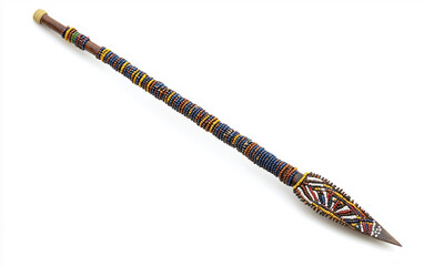 African Spear Adorned with Colorful Beads Isolated on White Background.
