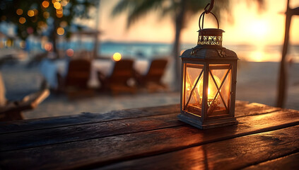 A beautifully lit lantern on a wooden table at the beach during sunset, creating a warm and inviting atmosphere for relaxation and enjoyment.