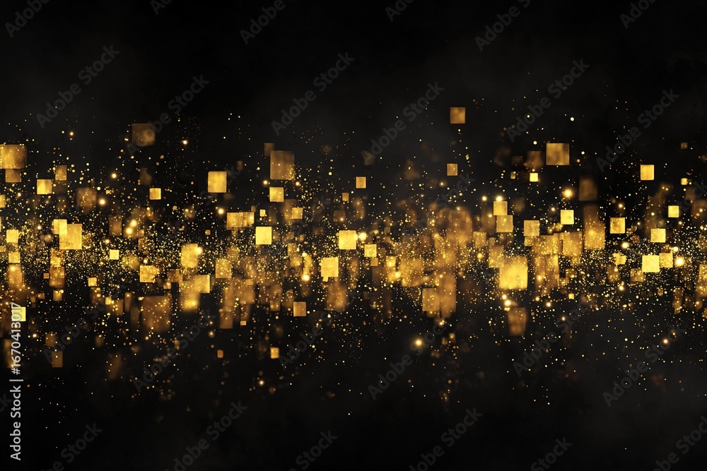 Aufkleber Golden sparkles and shimmering squares create a festive atmosphere in a dark background