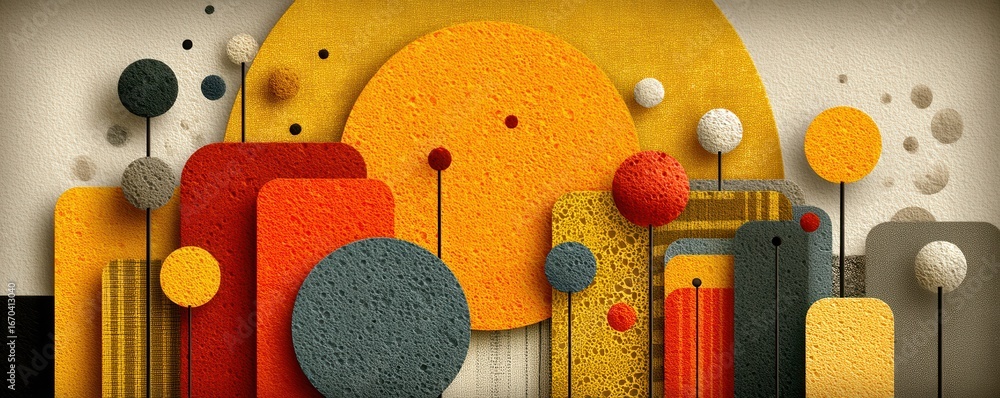 Poster abstract geometric composition with vibrant circles and textured rectangles