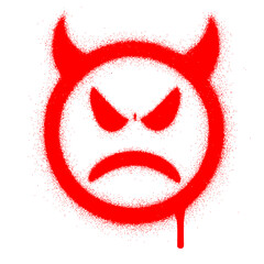 red spray paint effect forms an angry devil emoji face with horns and dripping paint, perfect for edgy, rebellious, or mischievous themes