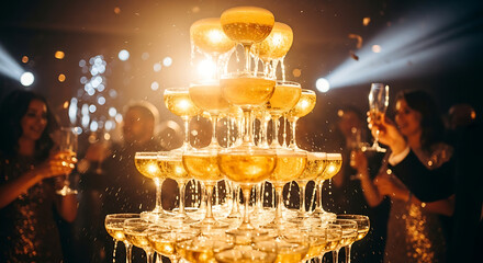 Champagne tower sparkles at elegant celebration with guests toasting special occasion, perfect for upscale party