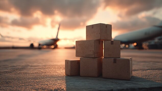 Stack of cardboard boxes sit on airport tarmac as airplane takes off at sunset - Powered by Adobe