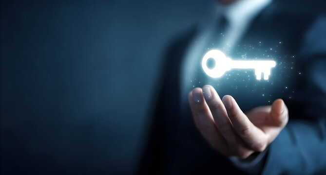 A businessman holds a glowing key in his hand, representing the unlocking of potential and opportunities in the corporate world on a dark background.