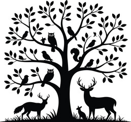 Forest animal silhouette, wildlife tree scene, birds, deer, fox, rabbit, squirrel, nature vector, woodland harmony, black illustration