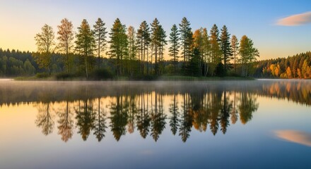 Obraz premium Tranquil Morning Reflection: Trees Mirroring in Calm Lake Water