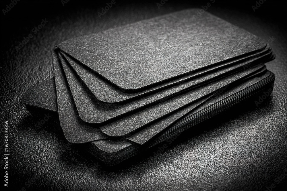 Poster stacked black cards creating a dramatic contrast on a dark surface in low light setting