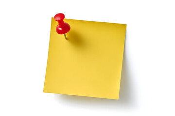 A close-up of a yellow sticky note pinned with a red pushpin. Ideal for reminders, notes, and plans in workspace, office, or creative projects.