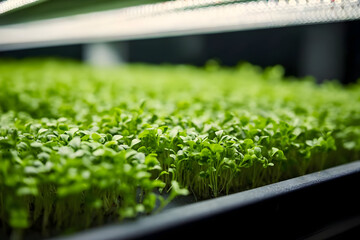 A close-up of vibrant green seedlings thriving under fluorescent lights, showcasing healthy growth in a controlled indoor garden setup.
