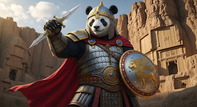 Armored Panda Warrior with Sword and Shield in Ancient Ruins