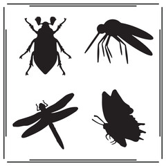 Insect Silhouettes Set - Beetle, Mosquito, Dragonfly, and Butterfly Shapes in Black Vector Illustrations for Nature, Wildlife, and Insect Designs