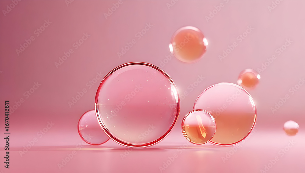 Poster a collection of transparent bubbles in varying sizes, floating against a soft pink background, creat