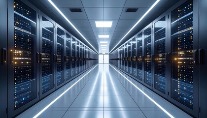 Modern Data Center Corridor Rows of Servers and Infrastructure for Digital Operations
