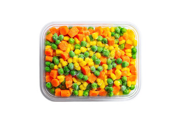 Mixed frozen vegetables in clear container isolated on transparent background