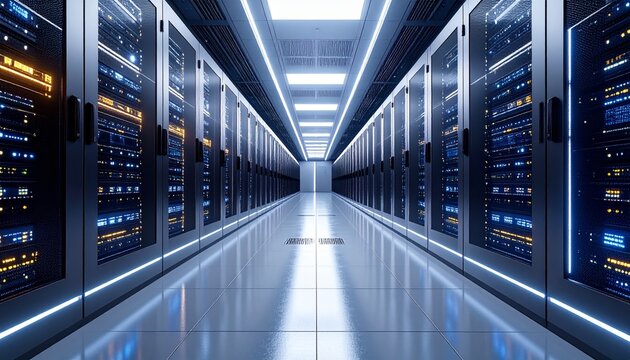 Futuristic Server Room with Glowing Lights and Racks of Computers