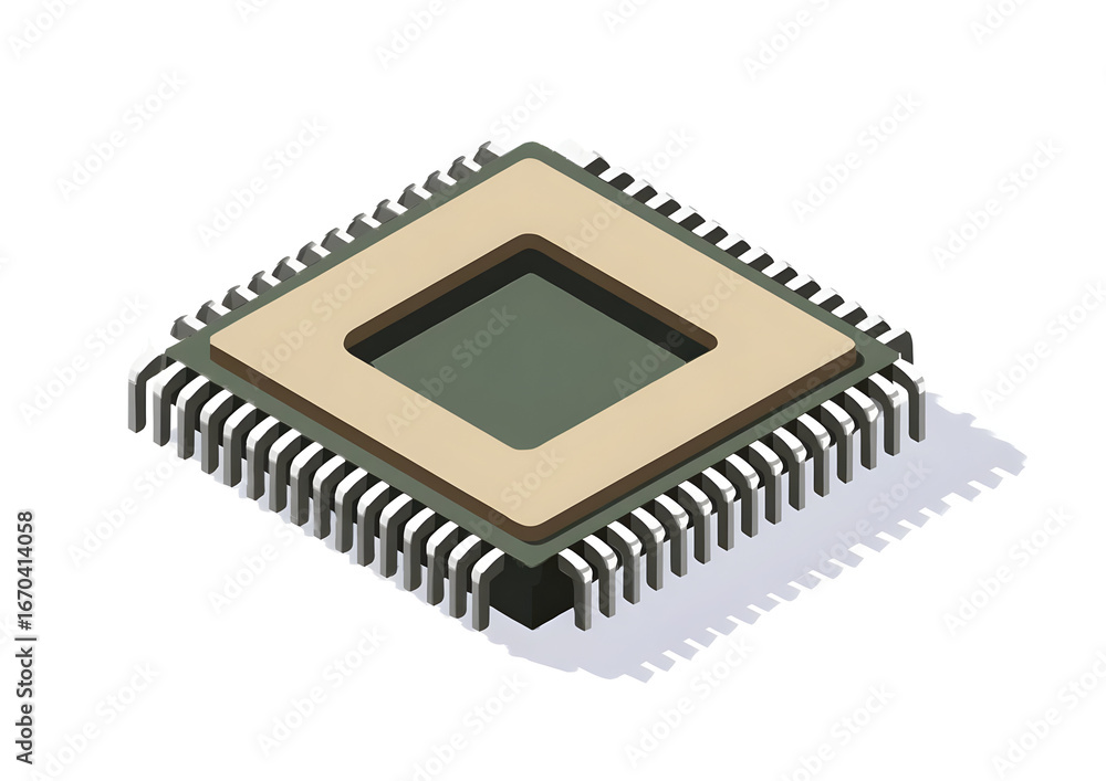 Poster a detailed illustration of a computer microchip showcasing its intricate design and features, repres