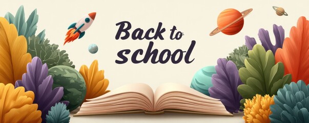 Back to school poster with book, rocket, and vibrant foliage illustrations