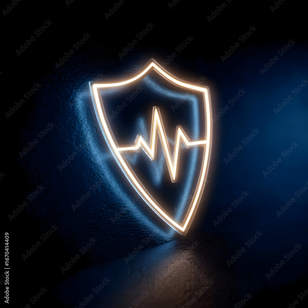 Poster a glowing neon shield with a heartbeat line symbolizes digital security and protection, emphasizing 