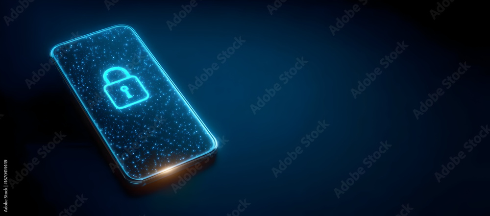 Poster a glowing smartphone with a digital lock symbol represents security and privacy in modern technology