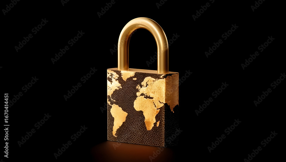 Poster a golden padlock featuring a world map design, symbolizing global security and protection in the dig