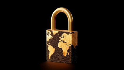 A golden padlock featuring a world map design, symbolizing global security and protection in the digital age. Ideal for concepts of safety and privacy.